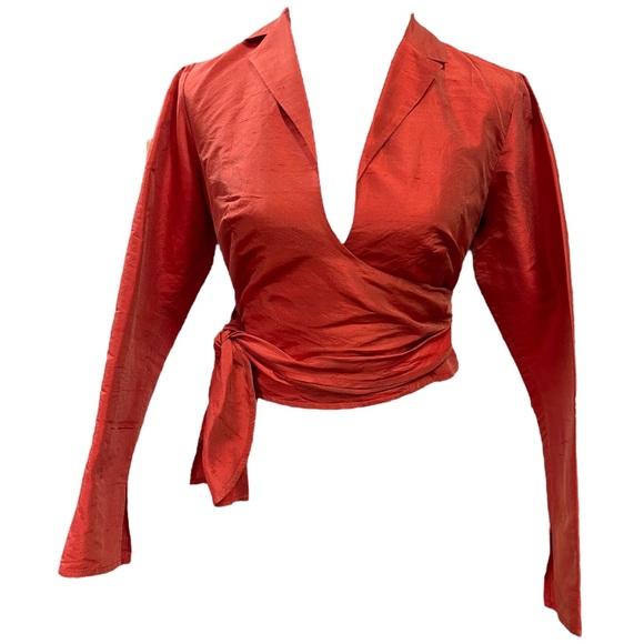 MODA INTERNATIONAL Raw Silk Wrap Top Cropped Burnt Orange Size Small - Picture 2 of 9